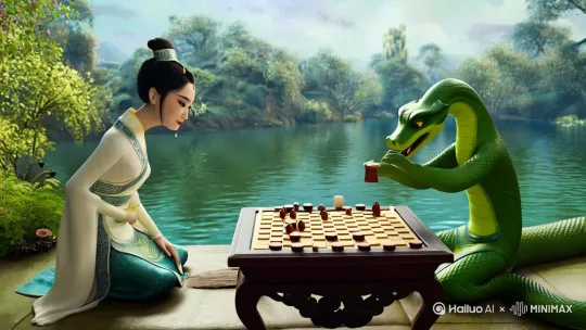 白白蛇素贞与青蛇在西湖下围棋，一只美狐狸在掺茶 by Hailuo AI Video Generator