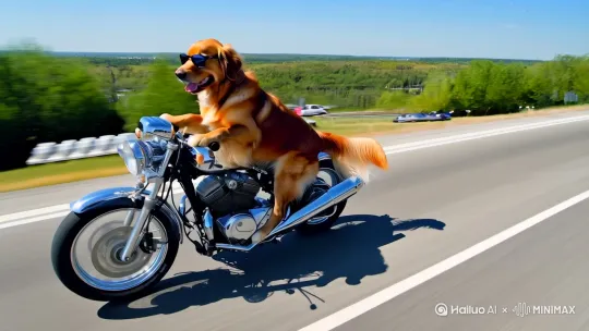 戴墨镜的金毛犬骑着摩托车在公路上行驶 by Hailuo AI Video Generator