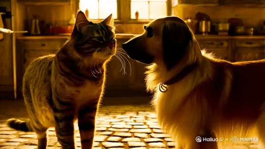 猫狗猫狗打架，对视，互骂。 by Hailuo AI Video Generator