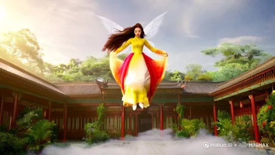 帮我生成一个仙女下凡的视频，仙女长发及腰，穿着国风长裙，衣服的颜色有黄色，红色有白色，鲜艳靓丽，从天上踩着云朵慢慢地飘下来，落在一个富人的四合院里，落在地上转一圈[下降,上摇]，要求比例是9：16 by Hailuo AI Video Generator
