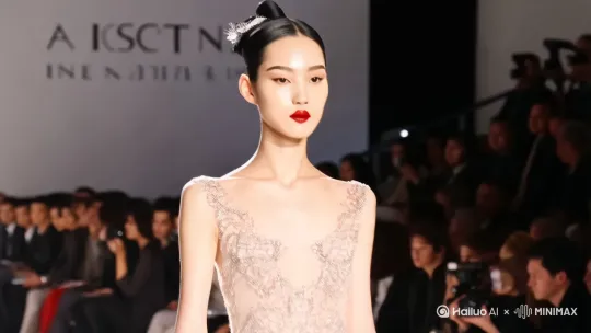 在一个国际T台走秀，镜头跟随人物走动，保持画面人物大小一致 by Hailuo AI Video Generator