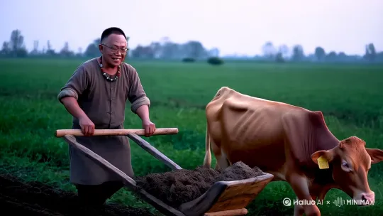 一个人在赶牛犁地，一面在唱歌，时长5秒 by Hailuo AI Video Generator