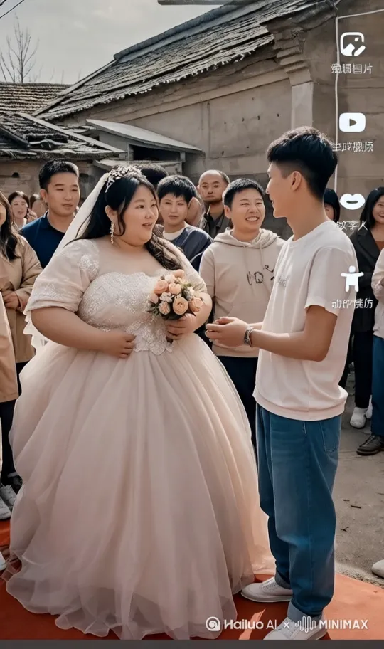 镜头移动，动态跟随，突然美女新娘一个前空翻来到男士身边迫不及待的把旁边的男士抱起来，狂亲，一直亲到地上，男士被亲哭了，第一视角，动态跟随，周围群众，惊讶，拍手叫好 by Hailuo AI Video Generator