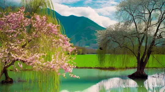 寒冬刚过,春风徐来,远处碧绿色的群山环绕,草地披绿湖水清澈见底,倒映着蓝天白云,柳树长出新芽,桃花盛开,天空中两三只小燕子在飞,田野间有牧童放牛,小孩子放风筝,农民在田间劳作,农家炊烟了了,“要求画面写实逼真,摄影级构图” by Hailuo AI Video Generator