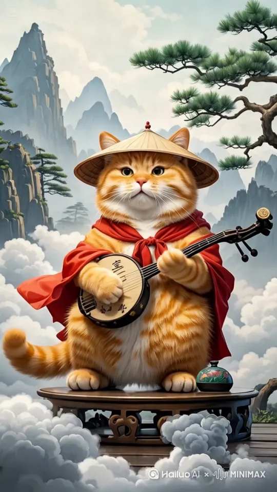 中式山水背景前橘猫优雅弹奏，猫不要动， by Hailuo AI Video Generator