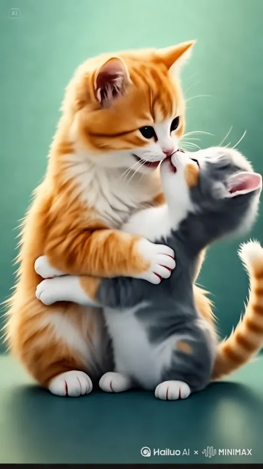 橙猫轻拥灰猫，彼此亲昵，尽显温馨瞬间。 by Hailuo AI Video Generator