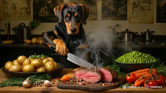 狗狗拿着一盘切肉摆上餐桌，动作要自然，特别是手里的盘子，肉片很自然的排列，餐桌上有几样菜，摆了一顿丰富的晚餐。旁边还有柔和的灯光。 by Hailuo AI Video Generator