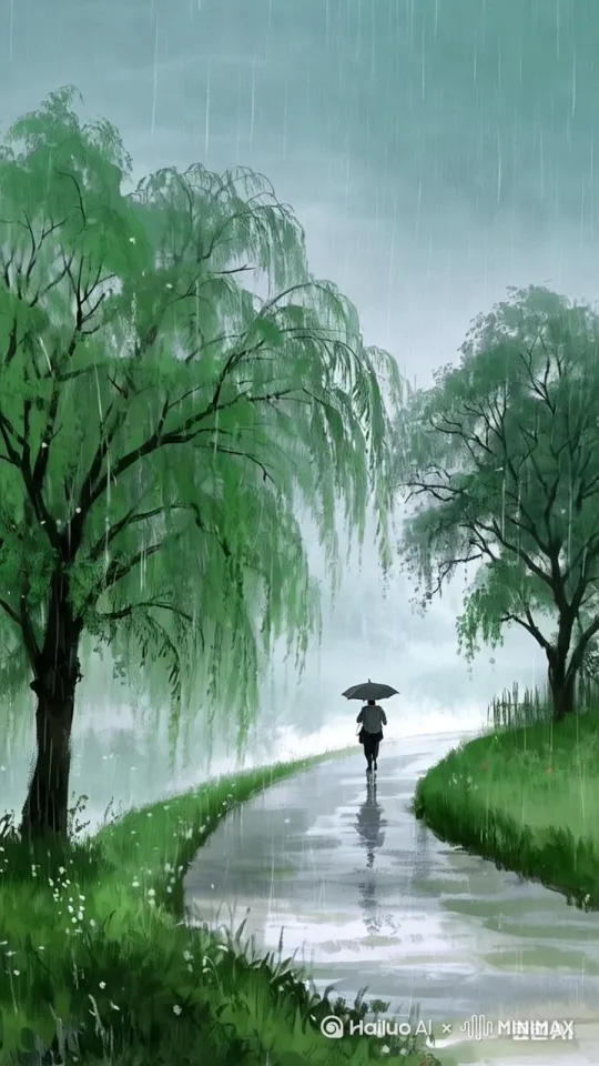 清明时节，小雨纷纷，空气清新，水汽朦胧，柳树叶子自然轻轻摆动。画面自然，清新 by Hailuo AI Video Generator