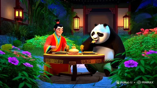 哪叱与熊猫一起用饕 by Hailuo AI Video Generator