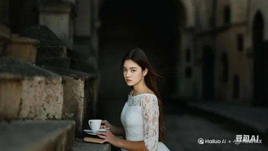 女子喝茶并向左转身，头发飘逸，微笑着面向镜头，慢慢向前走，镜头慢慢拉远。 by Hailuo AI Video Generator