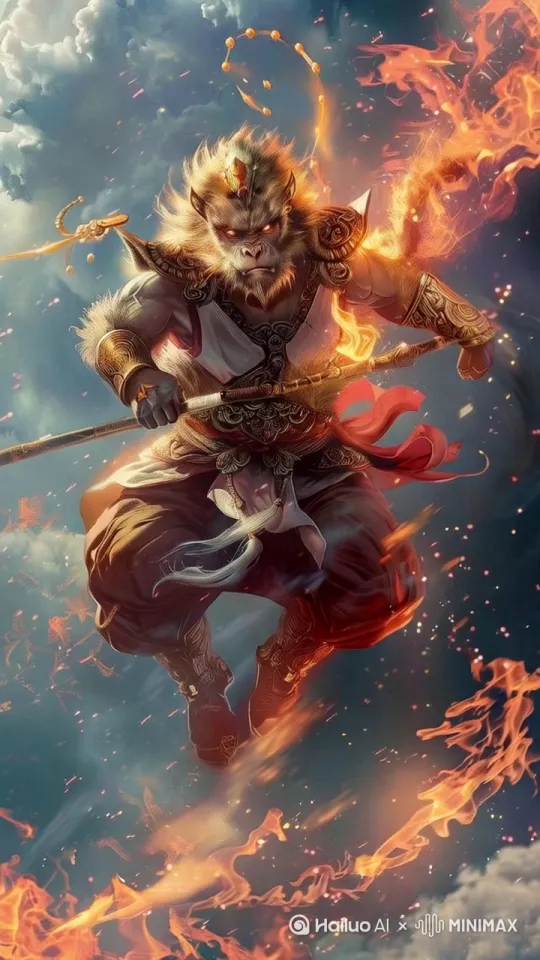 在一个梦幻的云海之中，猴王身披华丽的战甲，展现出他的强大与威严。他的眼神犀利，流露出无畏斗志，仿佛随时准备迎接挑战。此时，他挥舞着闪烁着火焰的武器，身形高昂，正猛然跃起，仿佛要突破天际。

四周弥漫着火焰的效果，焰火在他脚下翻滚，映衬出他那英勇无畏的气概。风云变幻，天空中点缀着几缕流光，给这幅画面增添了几分神秘感和动感。同时，背景中的云彩流动如潮，仿佛在为猴王的胜利而欢呼。

这一切构成了一幅充满动感的画面，无论是在视觉上还是情感上，都让人感受到一种神话般的力量与激情。猴王的形象如同神话中的英雄般振奋人心，令观者不禁想要追随他的步伐，开启一场传奇的冒险。[左移,推进,右摇] by Hailuo AI Video Generator