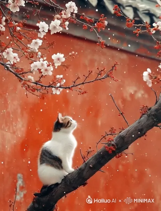 雪花飘落，梅枝摇动，猫咪飞身上数，再纵身一跃上屋顶 by Hailuo AI Video Generator