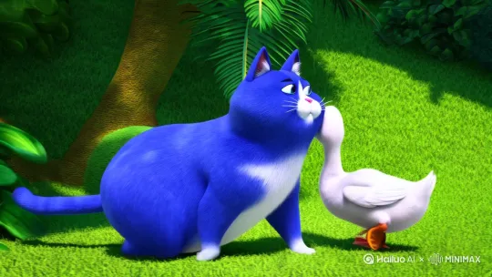 [右移,左摇,跟随]蓝色胖猫大战白色鸭小弟 by Hailuo AI Video Generator