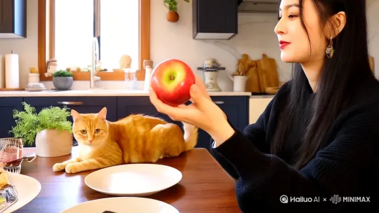 她在吃苹果🍎，黄猫在桌子上。 by Hailuo AI Video Generator