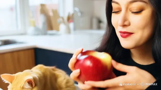 她在吃苹果🍎，黄猫在桌子上。黄猫在吃鱼。 by Hailuo AI Video Generator