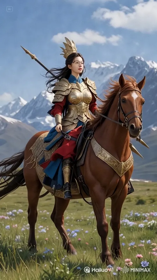视频提示词：一位身披金色鳞甲与红蓝相间古装的女子，骑乘棕红色骏马，手持金属长矛，身姿飒爽。铠甲细节精致，肩部甲片、腰间装饰凸显质感，长发随清风飞扬。背景是广袤草原，远处山峦连绵，雪山与蓝天相映，地面野草与零星小花点缀。以电影级画质呈现，强化人物铠甲光泽、马匹肌肉线条，融入自然光影流动，展现骑马驰骋的豪迈气势，营造大气磅礴的古风战场或塞外驰骋氛围。 by Hailuo AI Video Generator