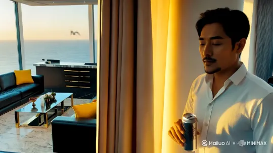 傍晚，海边一户高层住宅里，男人穿着白色衬衫，打开一罐啤酒，他走到客厅落地窗边，自动窗帘缓缓打开，窗外是碧蓝的大海，几只海鸥略过窗口，他咕嘟喝了一大口，阳光打在脸上，他闭目感受。客厅有家庭吧，大屏电视机，意大利皮质沙发，轻奢风室内设计，高级黑，亮面金属线条，爱马仕黄点缀色，轻奢风格软装设计，地面深灰色大理石，一男一女两个少年在沙发上随意躺着。休闲时光，惬意，生活场景，细节逼真，高清画质 by Hailuo AI Video Generator