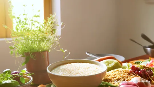 饮食有节，平衡为先
《黄帝内经》强调“五谷为养，五果为助，五畜为益，五菜为充”，说明均衡饮食是养生的根基。现代营养学建议：每天摄入全谷物、新鲜蔬果、优质蛋白（如鱼、豆类），减少高油、高盐、高糖食物。中医认为“脾胃为后天之本”，饮食宜定时定量，避免暴饮暴食。例如，早餐宜温热易消化（如小米粥），晚餐宜清淡且七分饱，避免加重脾胃负担。 by Hailuo AI Video Generator
