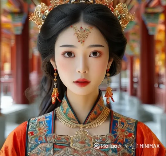 这是一位身着华丽古装的女性形象。以下是为这张图片生成的视频提示词：
1. **背景音乐**：古典优雅的中国风音乐，带有古筝、二胡等传统乐器演奏。
2. **场景设置**：古代宫殿或庙宇的长廊，红柱彩绘，阳光透过屋顶洒下斑驳的光影。
3. **人物动作**：女子缓缓在长廊中行走，步伐轻盈，姿态优雅。
4. **服装细节**：特写镜头展示她头上的金色凤冠、耳环和项链的精致工艺，以及衣服上绣花的细腻图案。
5. **环境互动**：偶尔停下脚步，轻轻触摸身边的雕刻栏杆或壁画，仿佛在与历史对话。
6. **光线变化**：随着她的移动，光影在她的脸上和衣服上流动，营造出一种动态的美感。
7. **氛围营造**：整个画面给人一种宁静、庄重而又不失柔美的感觉，仿佛穿越回了古代。
希望这些提示词能帮助你更好地想象和制作这个视频！ by Hailuo AI Video Generator