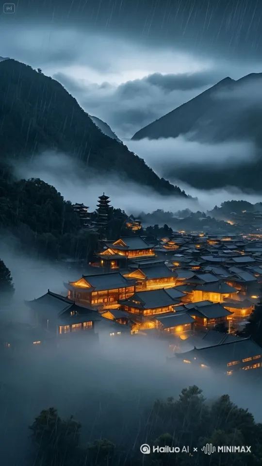 大雨，云雾缭绕，灯火闪烁。 by Hailuo AI Video Generator