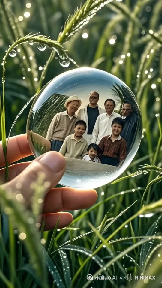 手指尖掠过湿漉漉的草穗，露珠折射出旧照片虚影（柔焦处理），旧照片为一张发黄的祖孙三代同框的留影。超细节，高清电影质感。 by Hailuo AI Video Generator