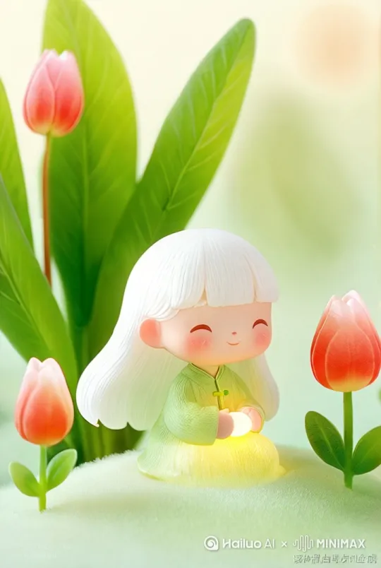 小女孩快乐的在玩了发光球，周围是绿叶微动。花朵在微动 by Hailuo AI Video Generator