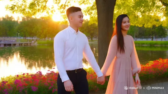 和气质美女一起在公园散步，手牵着手一起看日落，视频一分钟以上 by Hailuo AI Video Generator