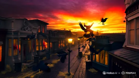 [推进,上升]

**场景构思：**  
1. **时间与光影**：  
   - 深橘色的夕阳半沉在地平线上，天空由灼热的金黄渐变为暗紫色，云层被染上血橙般的条纹光痕。  
   - 街道笼罩在漫长的阴影中，仅剩的路灯提前亮起，投下摇晃的光斑，与夕阳形成冷暖对比。

2. **街道细节**：  
   - 欧式复古街道，砖石路面裂缝中钻出枯草，两侧是紧闭的维多利亚风格店铺，橱窗反射着残阳如血。  
   - 废弃报纸被风卷起，掠过生锈的铁长椅；远处有歪斜的“CLOSED”霓虹灯牌闪烁接触不良的红光。

3. **乌鸦群像**：  
   - 数十只乌鸦以不同动态占据画面：有的从电线杆俯冲而下，翅膀劈开空气；有的在啄食垃圾桶旁的可疑黑影；三只乌鸦在屋顶对峙，喙部张开似在嘶叫。  
   - 最大的一只乌鸦立于街钟顶端，喙叼着半截钥匙，左眼为不自然的机械红瞳（可隐藏彩蛋）。

4. **诡异氛围**：  
   - 利用透视强化纵深感：街道尽头有一模糊人影撑黑伞站立，乌鸦群在其头顶盘旋成漩涡状。  
   - 所有乌鸦的飞行轨迹隐约构成一个倒五芒星（若需要超自然暗示）。 by Hailuo AI Video Generator