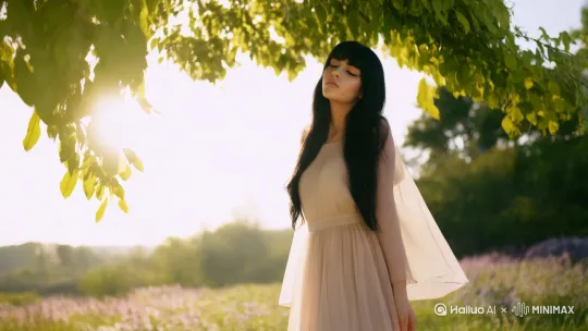 一个美女站在树底下乘凉，阳光大好。微风吹过，美女的裙子轻轻飘扬。镜头从右往左拉，大师级镜头，超清画质，电影质感 by Hailuo AI Video Generator