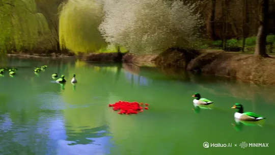 春水映绿鸭，柳眉折新枝。
灞桥别红花，青梅寄相思。
复行田间路，心愧难自持。
竹篮打水去，徒劳梦成痴。 by Hailuo AI Video Generator