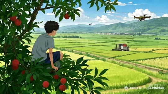 树叶微微拂动。镜头渐渐往前推，慢慢靠近正在空中作业的扇叶在快速旋转的无人机。[右摇,变焦推进] by Hailuo AI Video Generator