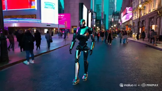 一台人工仿生机器人行走在马路上 by Hailuo AI Video Generator