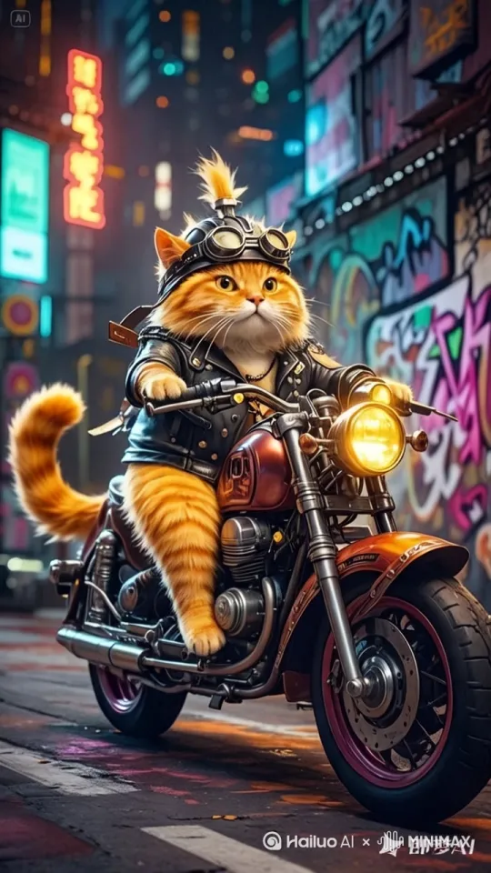 橘猫警长骑着烈焰战车缓缓升空，朝前方驶去 by Hailuo AI Video Generator