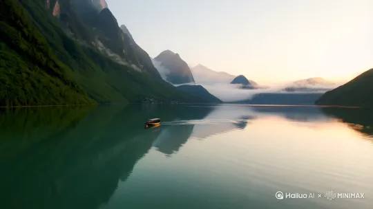 清晨，山水之间，小船，湖泊 by Hailuo AI Video Generator
