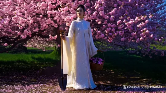 一位古典仕女身着素雅绸衣站在桃花树下，手持花篮和锄头轻拂湿润泥土，半透明全息投影包裹着飘落花瓣形成发光轨迹，霓虹粒子光点环绕人物轮廓流动，蓝紫色渐变光晕中透出粉色桃花枝影，丝绸褶皱在4K画质下泛着珠光，银簪折射出冷冽金属光泽。 by Hailuo AI Video Generator