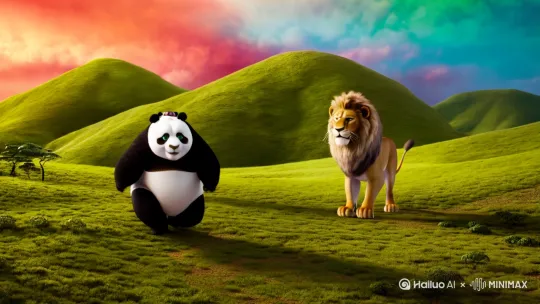 熊熊猫和狮子在跳舞。 by Hailuo AI Video Generator