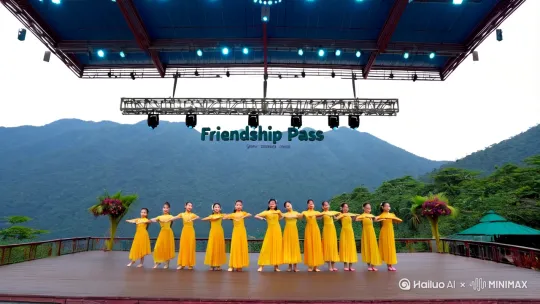 在广西友谊关景区，一群年轻成熟漂亮的越南女孩正在舞台上进行舞蹈表演，舞台上方有友谊关字样。[推进,上升] by Hailuo AI Video Generator