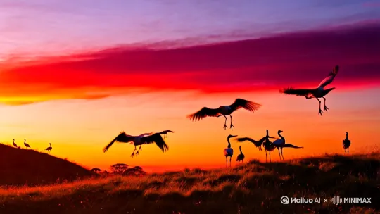 写实风格拍摄夕阳场景，画面主体为橙红色渐变天空下的鹤群，部分丹顶鹤舒展羽翼翱翔，部分于土坡上优雅伫立，背景融入暖调光影与自然草地元素，突出野生动物与黄昏环境的和谐美感。 by Hailuo AI Video Generator