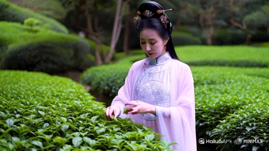 一个穿着古装衣服的美女在采茶 by Hailuo AI Video Generator