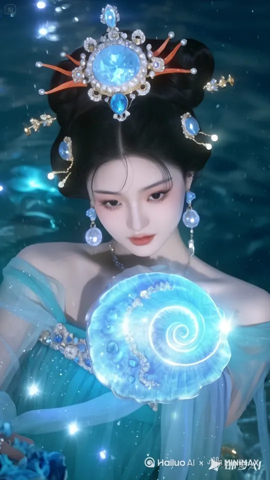 海底沙砾泛起微光。
光效：幽蓝深海叠加翡翠光晕，衣料流动水波纹光影，发丝洒落发光星沙 by Hailuo AI Video Generator
