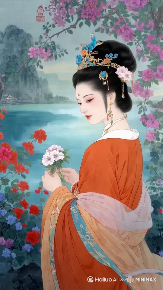 帮我生成一个视频：让美女慢慢的从牡丹花海里走出来。360度转一圈。摇身一变，服装颜色变成紫红色的。多个分镜头。比例 9:16。[左移,右摇,跟随] by Hailuo AI Video Generator