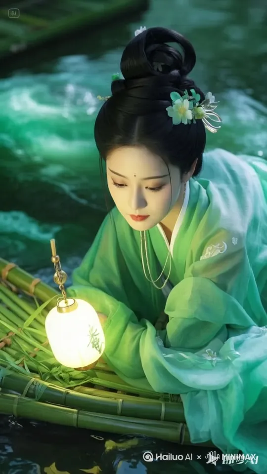水面荡起涟漪，特效：水墨绿调叠加柔焦光晕，发丝间飘散磷粉状光尘。 by Hailuo AI Video Generator