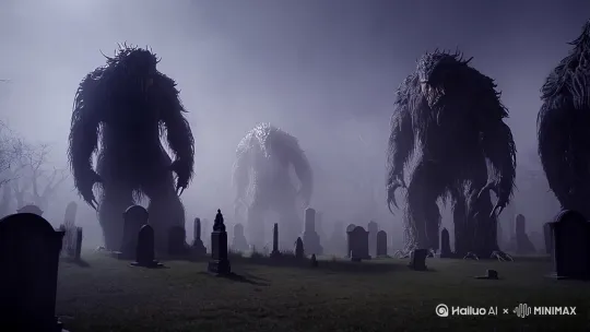 在墓地恐怖恶灵巨物尖嘴獠牙 by Hailuo AI Video Generator