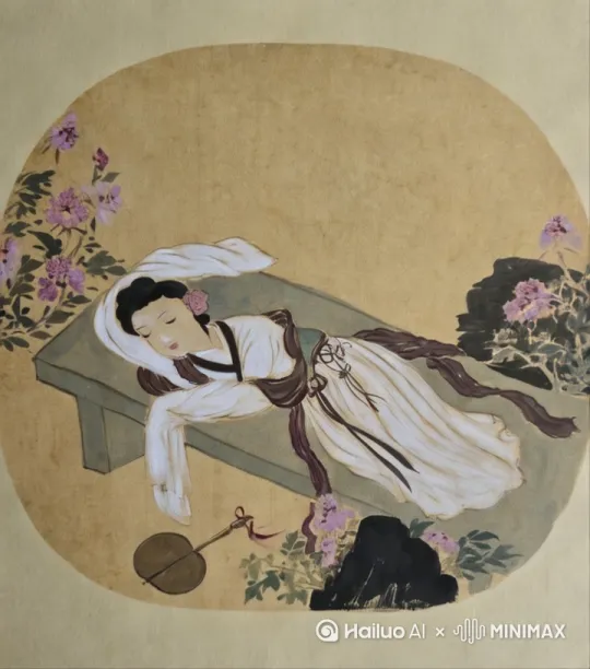 画中的人物在睡觉，衣服随风飘动，有花瓣飘落。牡丹花在，随风摇曳， by Hailuo AI Video Generator