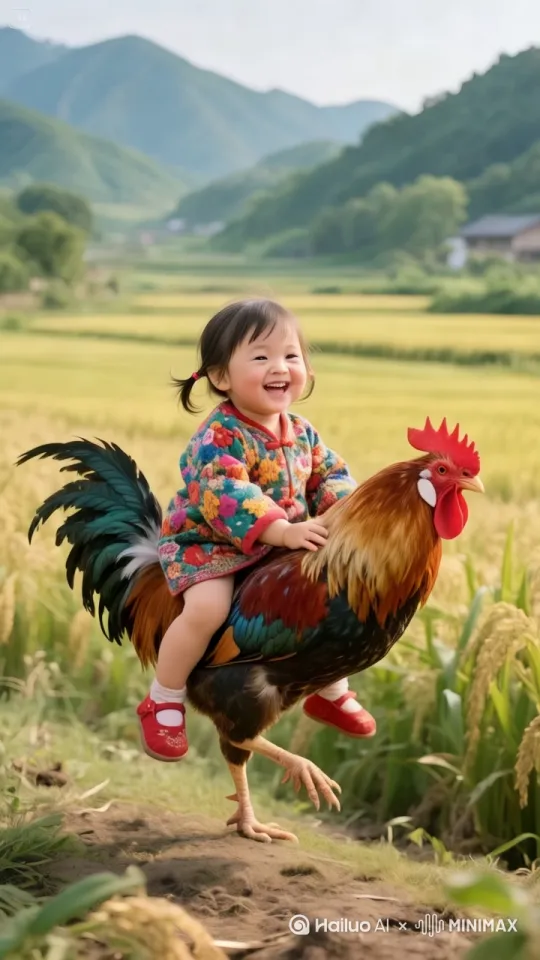 镜头跟随移动。公鸡双脚一蹬地，翅膀双双伸开飞在了稻田的上方空中，微风吹动了小女孩的头发和衣服，小女孩双脚紧紧夹住鸡身，双手抓住鸡毛不放，飞出了几十米远，画面要真实，电影质感。小女孩笑得很开心 by Hailuo AI Video Generator