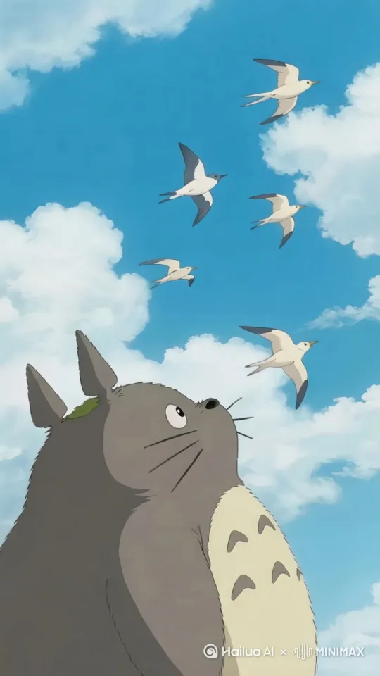 中景，升镜头，镜头从龙猫的视角仰拍，随着龙猫的目光，镜头缓缓上升，展现天空中自由飞翔的水鸟，龙猫显得十分专注。 by Hailuo AI Video Generator