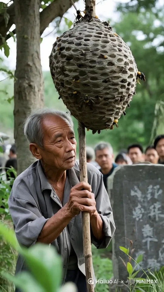 老大爷用木棍把马蜂窝打下来，马蜂窝掉落，无数马蜂飞落到老大爷身上，老大爷上窜下跳，手里撒着无数纸钱，周围人飞快逃跑 by Hailuo AI Video Generator