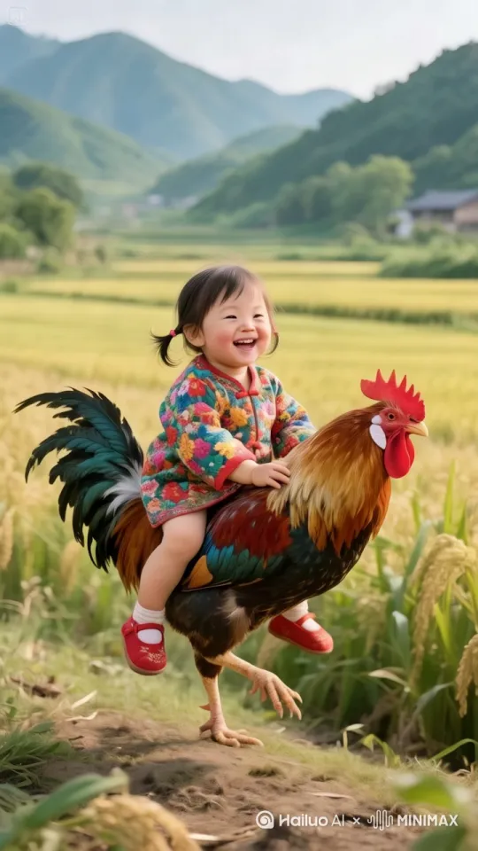 镜头跟随移动。
文案可以从描绘乡村风光、小女孩的神态动作以及奇妙的想象等方面入手，体现出童真童趣与梦幻色彩：
 
1. 日光倾洒，稻田翻涌着金色麦浪。小女孩无畏地跨上公鸡脊背，衣角随风轻扬。一人一鸡于稻香中振翅，飞向澄澈蓝天，闯进宫崎骏动画里的盛夏。
2. 鸡鸣打破乡村的宁静，小女孩咯咯笑着，骑在公鸡背上。他们在稻田上空掠过，风在耳边轻语，稻穗摇曳，似在编织着一场关于童年与幻想的绮梦 。
3. 瞧呐！那片稻田之上，小女孩骑着公鸡自由翱翔。她眼中闪烁着好奇光芒，像是要去探索云朵背后的秘密，把整个乡村的质朴与纯真，都写进了这场奇妙的飞行旅程 。 by Hailuo AI Video Generator