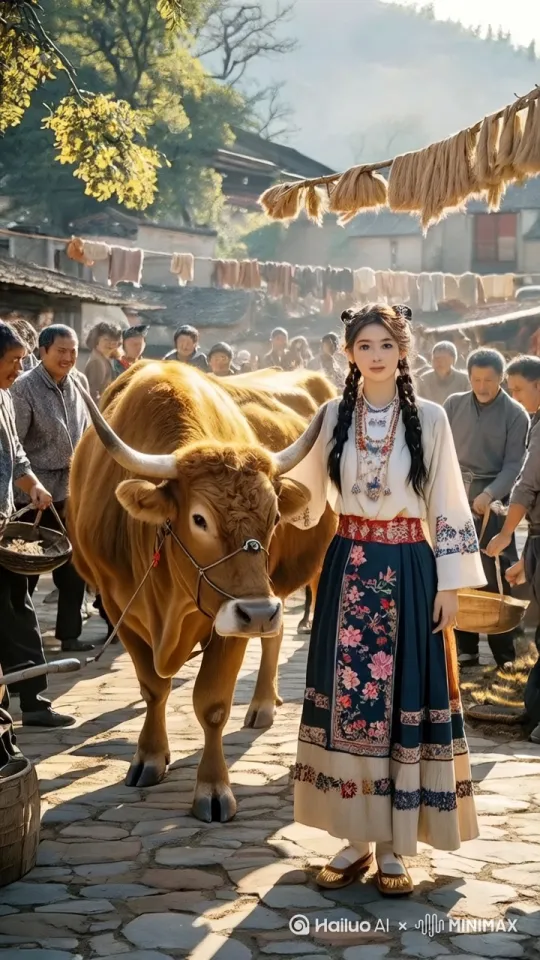 美女双手迅猛勒住牛的脖子，牛原地奋力挣扎反抗，四蹄挪动。女子看准时机，双腿跃起施展过肩摔，借势将牛狠狠摔向地面，“砰”地一声尘土飞扬，周围人群惊呼声此起彼伏，整个场景瞬间沸腾。 by Hailuo AI Video Generator