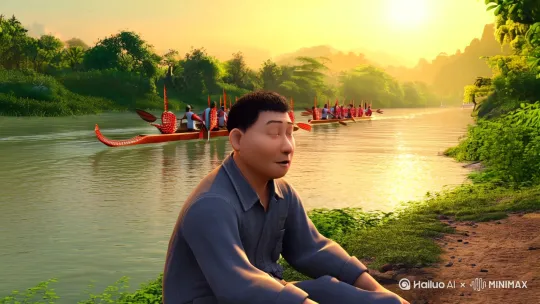 第一章：命运的召唤
       在岭南的一个小村庄，珠江支流静静流淌，滋养着这片土地上的每一个生命。阿辉，一个三十出头的造船厂工人，正坐在河岸边，望着远处的龙舟队训练。他的心中充满了对龙舟的热爱，但生活的压力让他不得不将这份热情深埋心底。
       阿辉的好友阿伍，是村里的渔夫，性格豪爽，总是喜欢开玩笑。他看到阿辉心事重重，便走过去拍了拍他的肩膀：“阿辉，想什么呢？是不是又在想龙舟的事？”
       阿辉叹了口气：“是啊，每年看着别人比赛，心里总是痒痒的。”
        阿伍笑了笑：“那我们为什么不自己组一支队伍呢？阿陆、卡车、阿东、阿钊，他们几个不都是龙舟好手吗？”
      阿辉眼睛一亮：“对啊，我们为什么不自己组一支队伍呢？” by Hailuo AI Video Generator